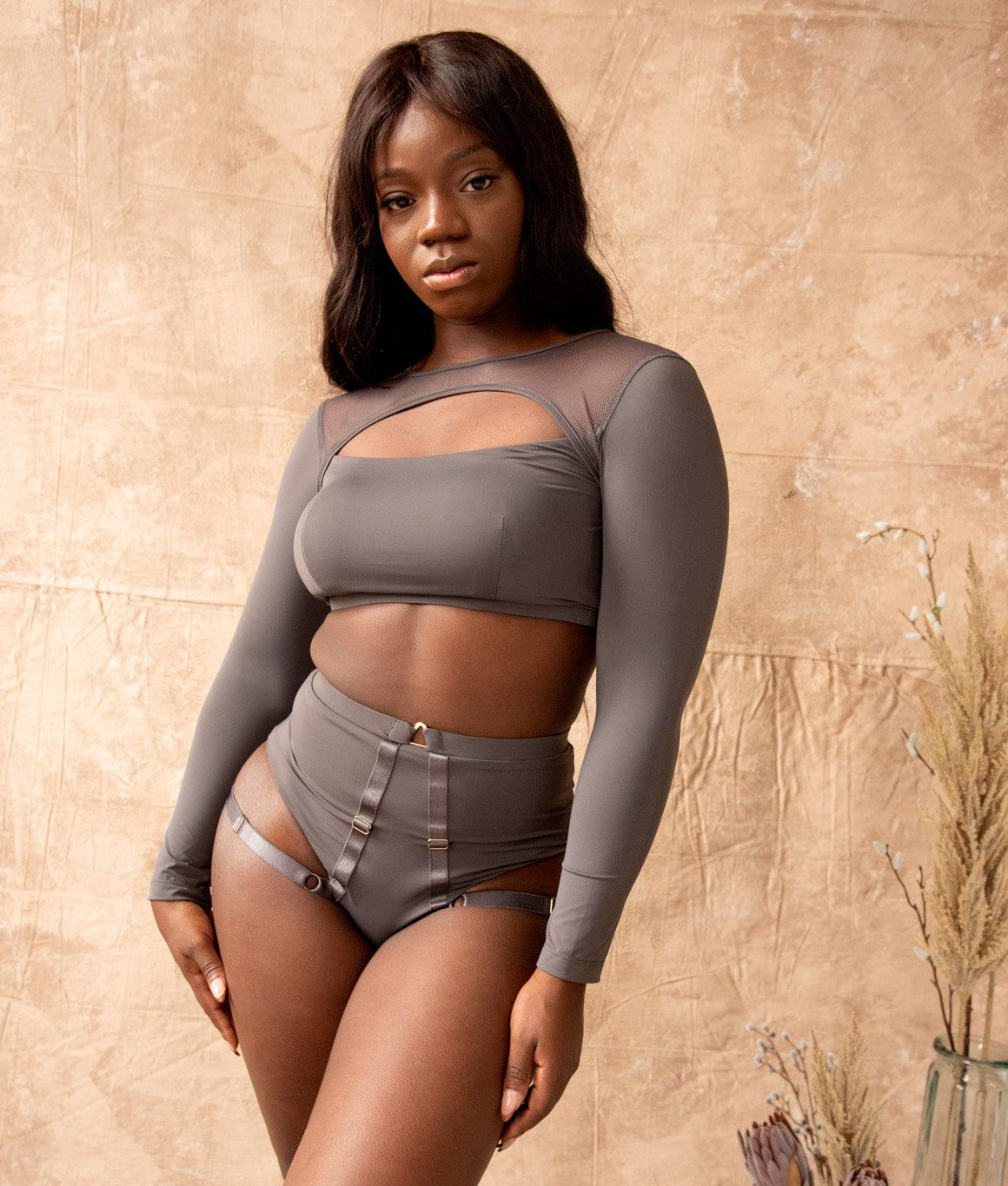 Esme Matte Charcoal Grey Long Sleeve Crop Top 2XL