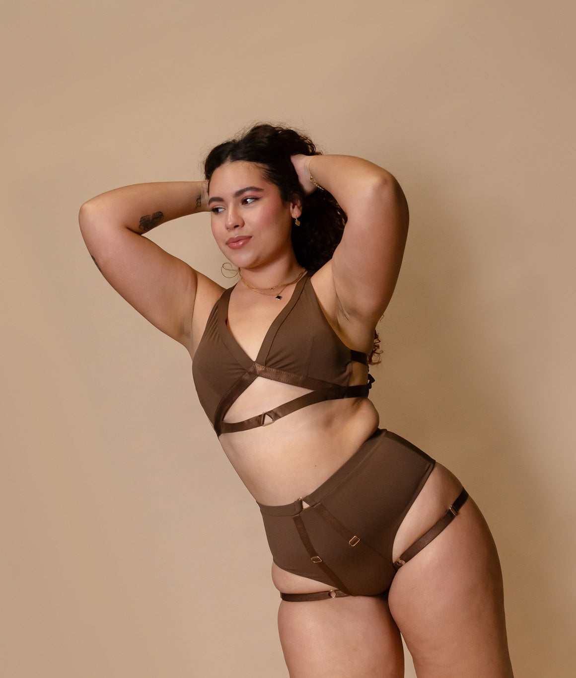 Tatiana Active – Tokio Matte Chocolate Brown Neutral Triangle Cross Back High Waisted Pole Wear Pole Fitness Dance Set Clothing–2