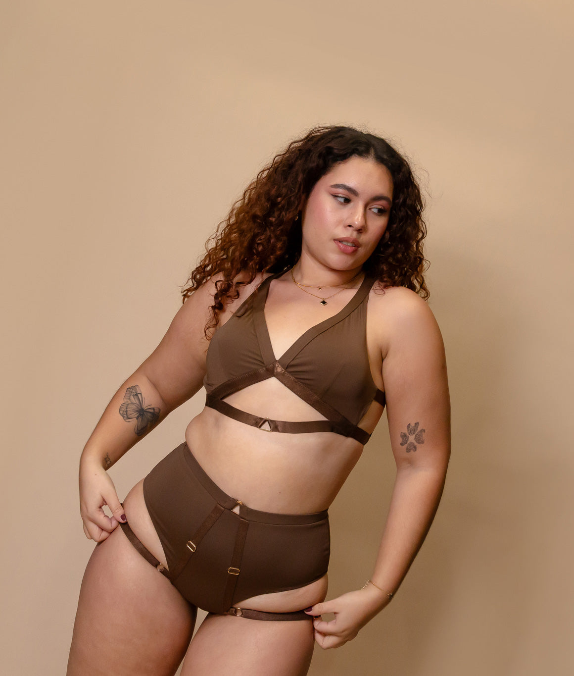 Tatiana Active – Tokio Matte Chocolate Brown Neutral Triangle Cross Back High Waisted Pole Wear Pole Fitness Dance Set Clothing-