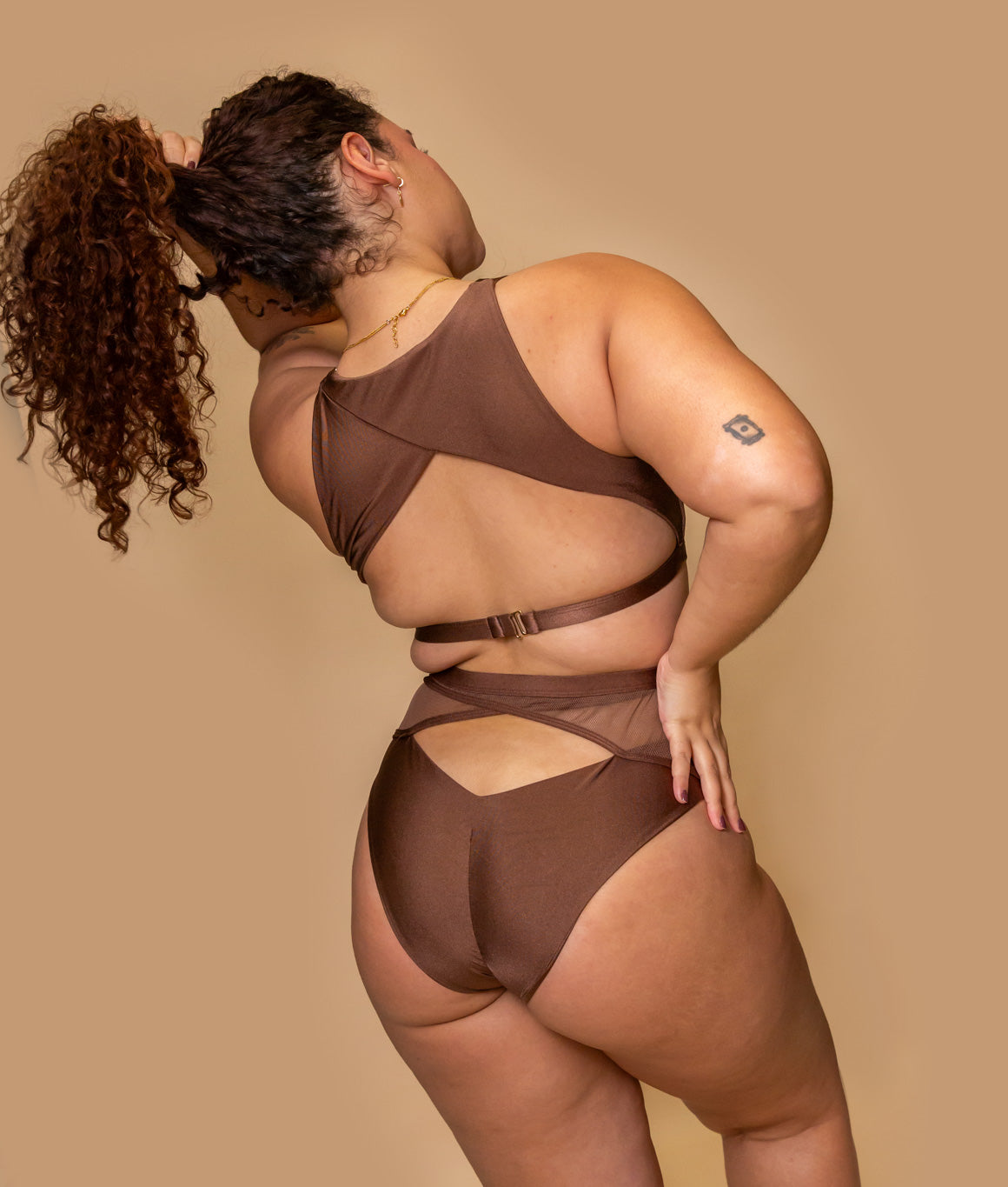 Tatiana Active Xena Shiny Brown Neutral Cut Out Mesh Cross Back High Waisted Pole Wear Pole Fitness Dance Set Clothing-82